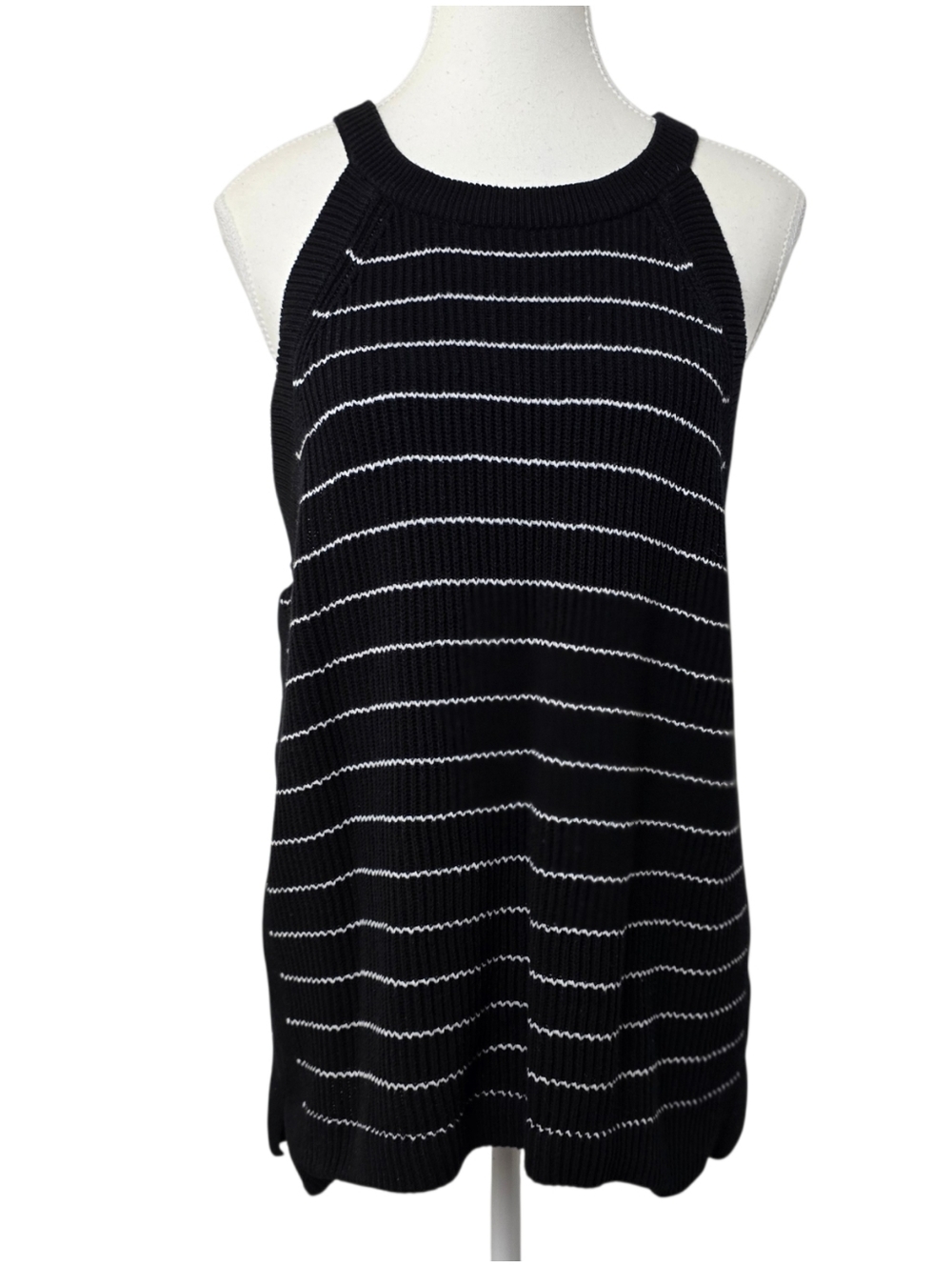 Old Navy Black White Striped Ribbed Knit Halter Neck Tank Top XL Classic Casual